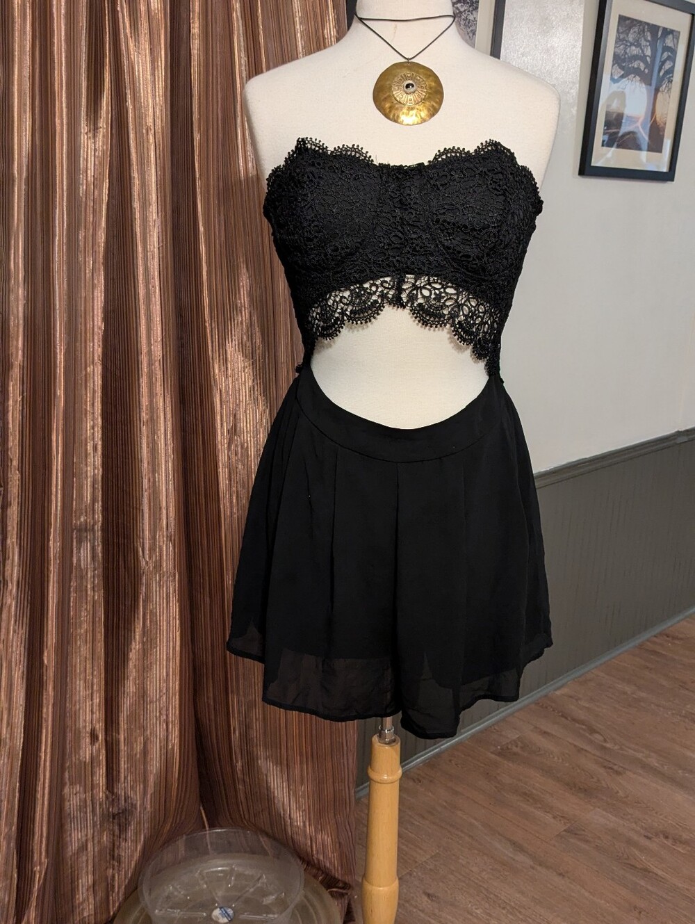 Black Lace Strapless Crop Top/ Romper Shorts